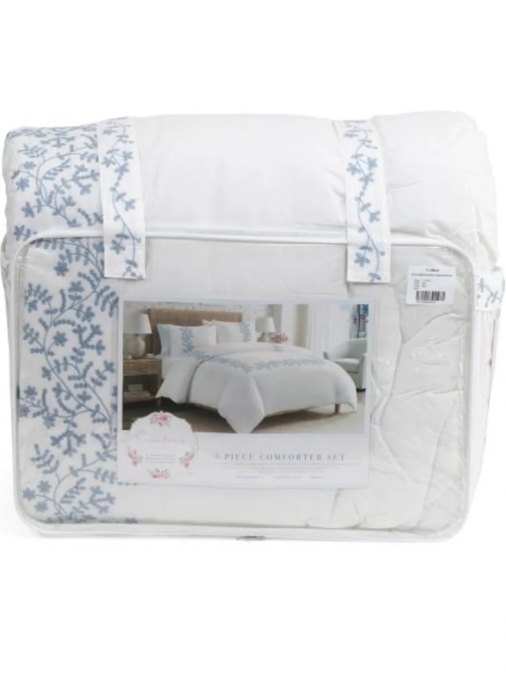 Rosalies Garden White Comforter Set with Light Blue Embroidered Vine